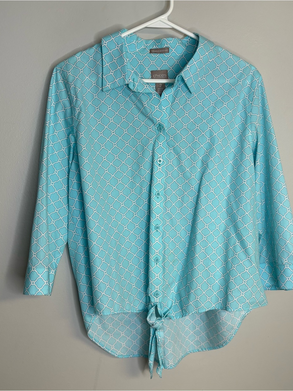 Chico's Women's Top Teal Geometric Button-Up Shirt
